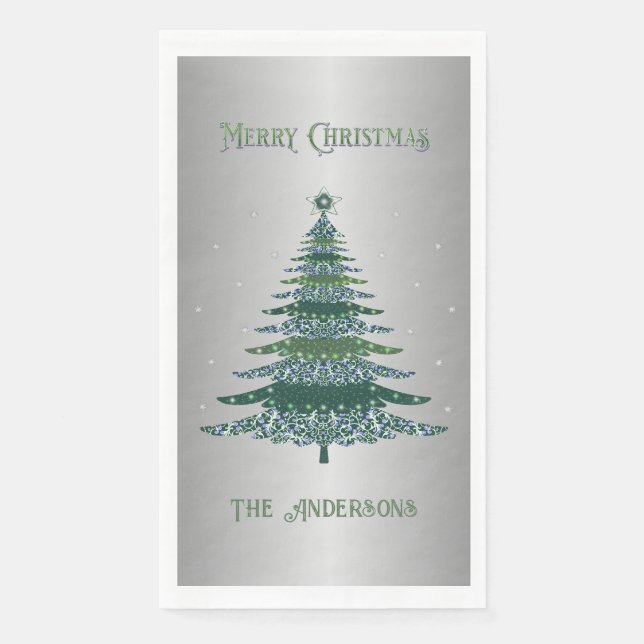 Green Christmas Tree Custom Name Silver Foil Napkin (Front)