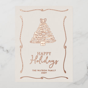 Green Christmas Tree Hand-Drawn Bow Ribbon Foil Holiday Postcard