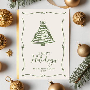 Green Christmas Tree Hand-Drawn Bow Ribbon  Holiday Card