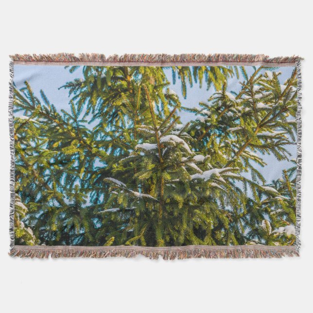 Green Christmas Tree In Snow Throw Blanket (Front)