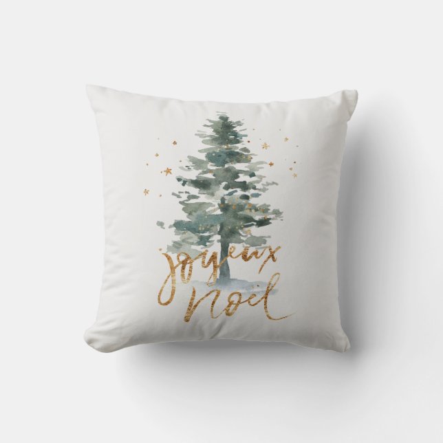 Green Christmas tree Joyeux Noel gold typography Cushion (Front)