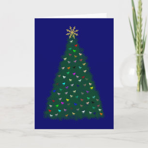 Green Christmas Tree, Multicolor Horses, Navy Blue Holiday Card