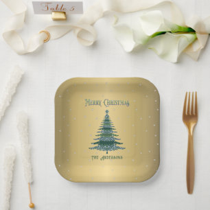 Green Christmas Tree Name Custom Gold Foil Paper Plate