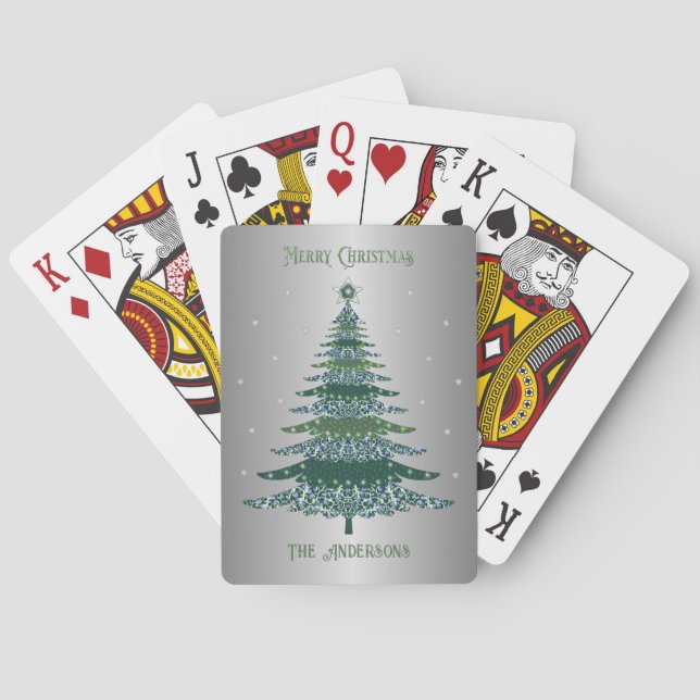 Green Christmas Tree Name Custom Silver Foil Playing Cards (Back)