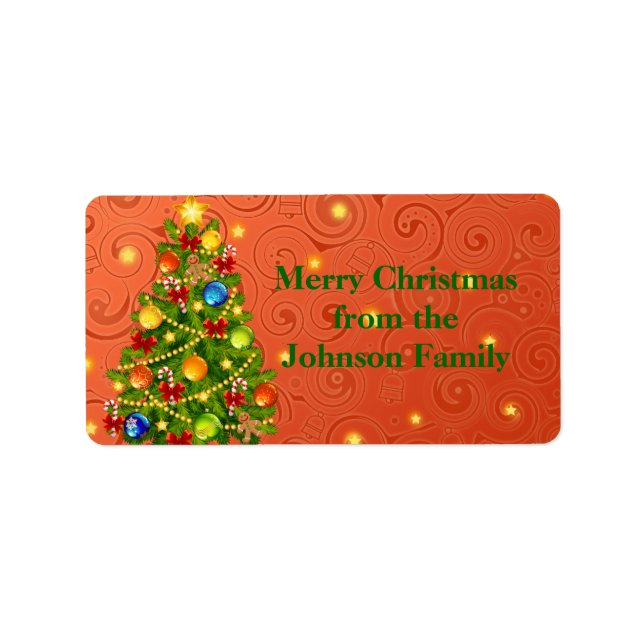 Green Christmas Tree on orange xmas pattern Label (Front)