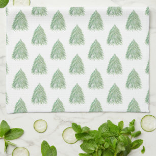Green Christmas Tree Pattern Watercolor Holiday Ki Tea Towel