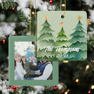 Green Christmas Tree Photo Holiday Custom Ceramic Ornament