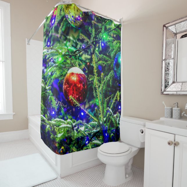 Green Christmas Tree Red Ball Shower Curtain (In Situ)
