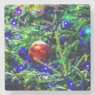 Green Christmas Tree Red Ball Stone Coaster