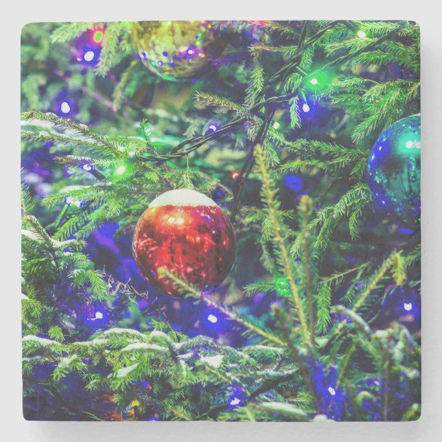 Green Christmas Tree Red Ball Stone Coaster (Front)