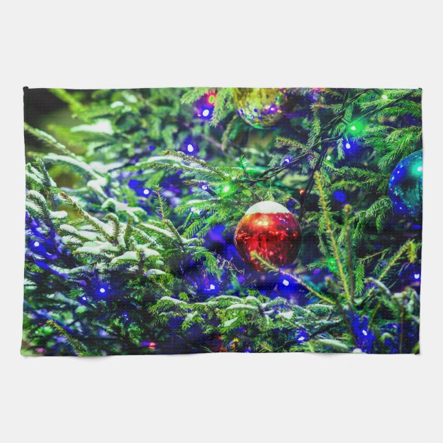 Green Christmas Tree Red Ball Tea Towel (Horizontal)