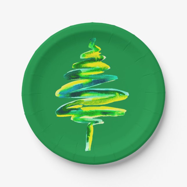 Green Christmas Tree watercolor Paper Plate (Front)