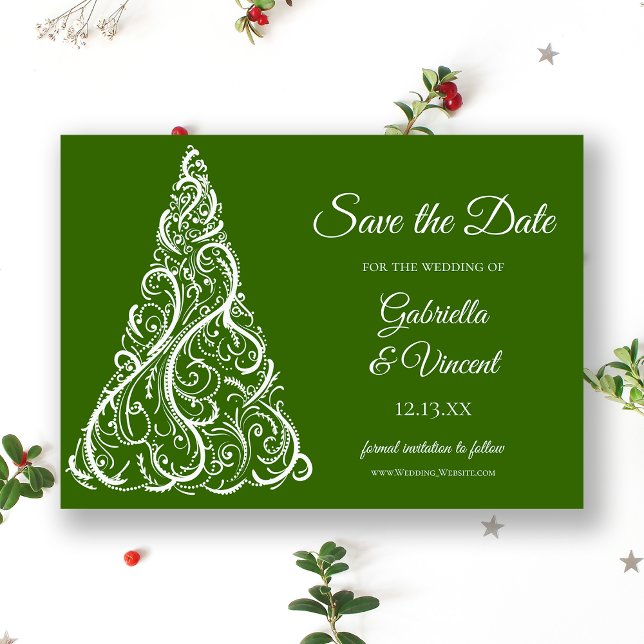 Green Christmas Tree Winter Wedding Save the Date Invitation (Creator Uploaded)