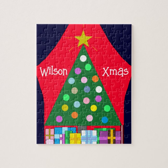 Green Christmas Tree with Blue Curtains: Jigsaw Puzzle (Vertical)