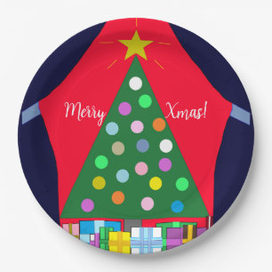 Green Christmas Tree with Blue Drapes: Paper Plate
