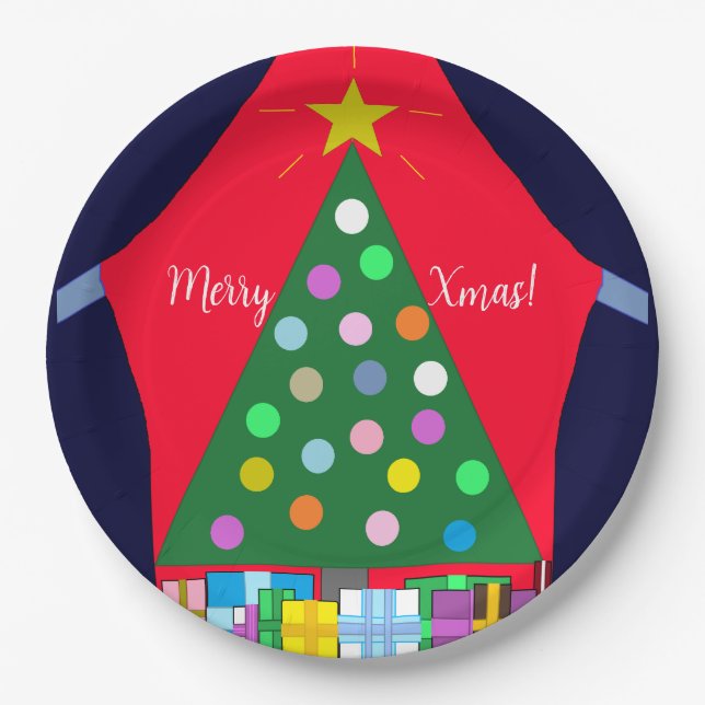 Green Christmas Tree with Blue Drapes: Paper Plate (Front)