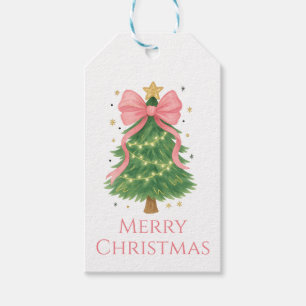 Green Christmas Tree with Large Pink Bow Gift Tags
