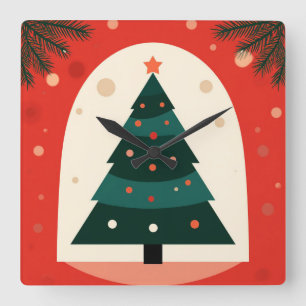 Green Christmas Tree With Red Holiday Square Wall Clock