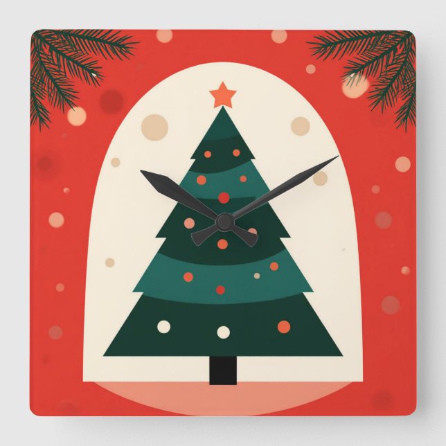 Green Christmas Tree With Red Holiday Square Wall Clock (Front)