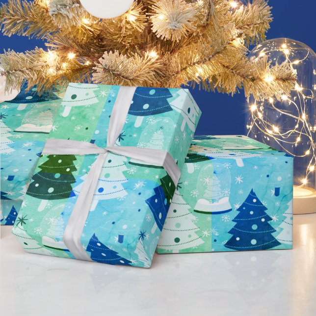 Green Christmas Trees and Snow Globe Wrapping Paper (Holidays)