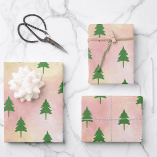 Green Christmas Trees Colourful Sky Background Wrapping Paper Sheet