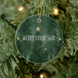 Green Christmas Trees Gold Stars Ceramic Tree Decoration