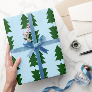 Green Christmas trees Pastel blue Wrapping Paper