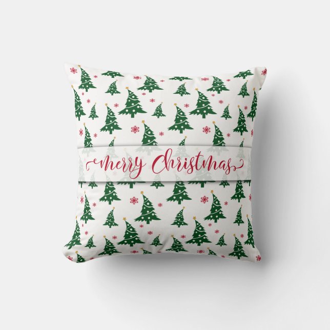 Green Christmas Trees & Red Snowflakes Pattern Cushion (Front)