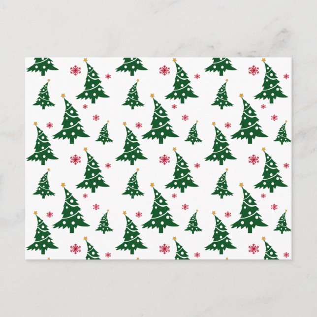 Green Christmas Trees & Red Snowflakes Pattern Holiday Postcard (Front)