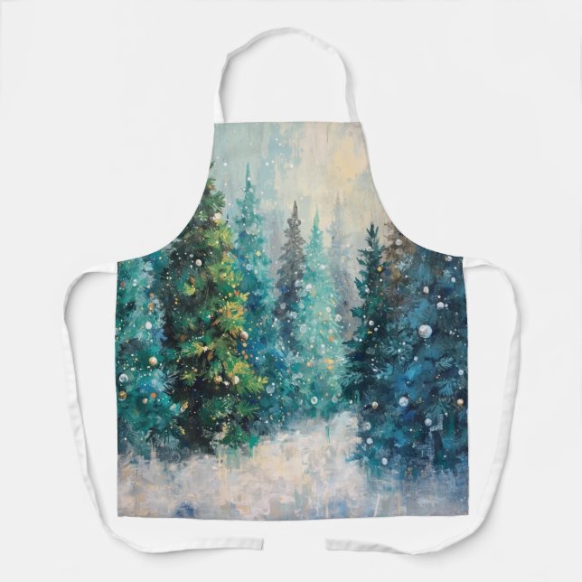 Green Christmas Trees Winter Forest Apron (Front)