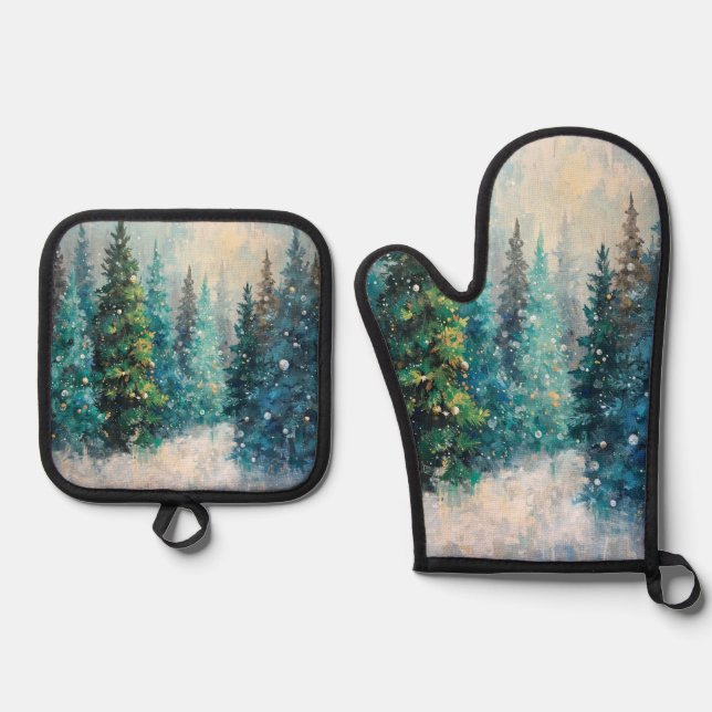 Green Christmas Trees Winter Forest Oven Mitt & Pot Holder Set (Front)