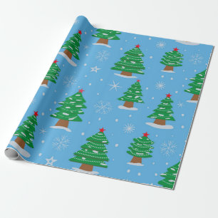 Green Christmas Trees with falling snow on blue Wrapping Paper