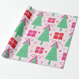 Green Christmas Trees with Pink Bows and Gift Box Wrapping Paper