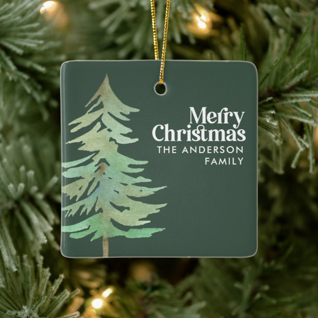 Green Christmas watercolor forest photo Ceramic Ornament (Tree)
