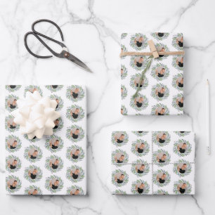 Green Christmas Wreath Family Photo Holiday Wrapping Paper Sheet