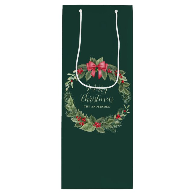 Green Christmas Wreath Name  Wine Gift Bag (Front)
