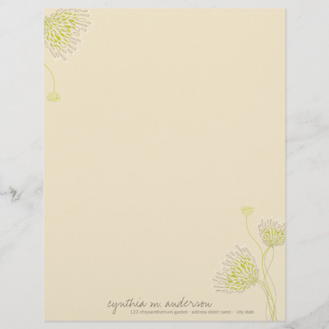 Green Chrysanthemum Flowers Elegant Chic Floral Personalised Letterhead (Front)