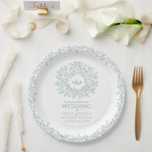 Green circle leaf drawing monogram wedding paper plate
