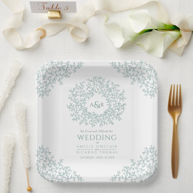 Green circle leaf drawing monogram wedding  paper plate (Wedding)