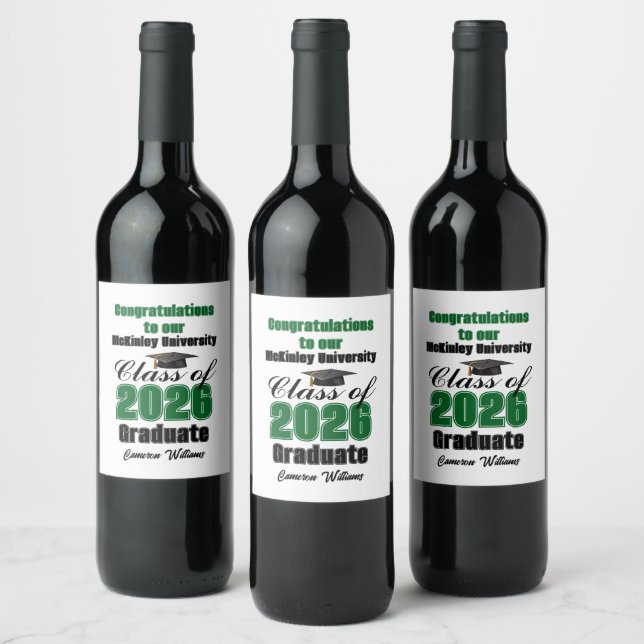 Green Class of 2026 Graduation Party Custom Wine Label (Bottles)