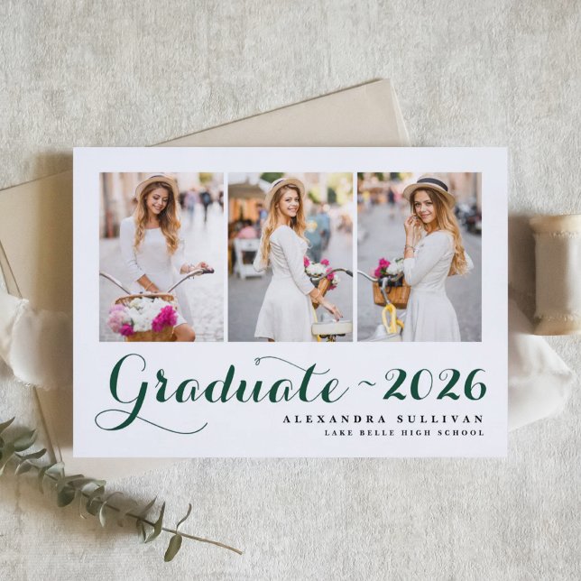  Green Class of 2026 Photo Collage Graduation Invitation (Customizable photo collage graduation invitation featuring modern calligraphy. )