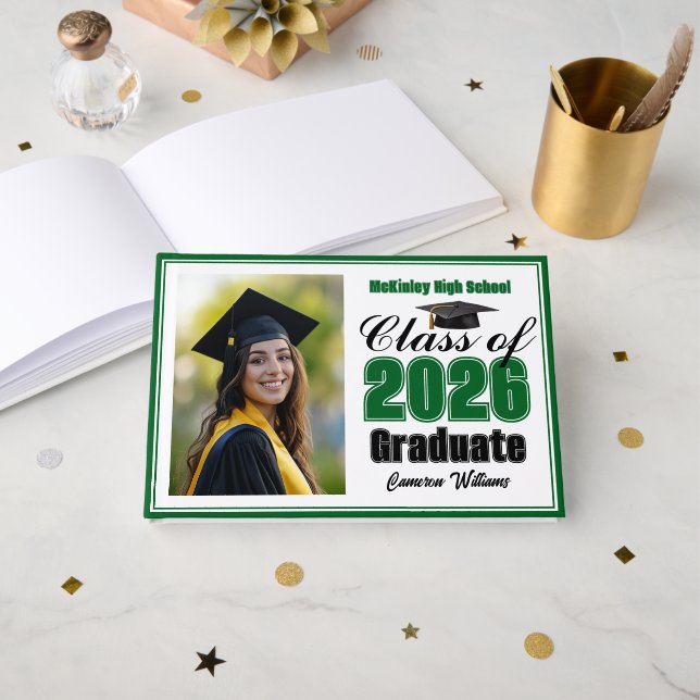 Green Class of 2026 Photo Small Graduation Guest Book (Front Open)