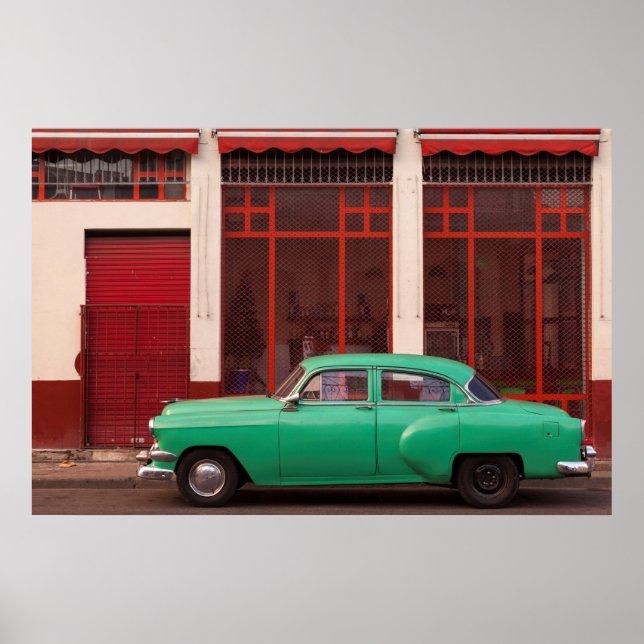 Green Classic Car, Cuba Poster (Front)