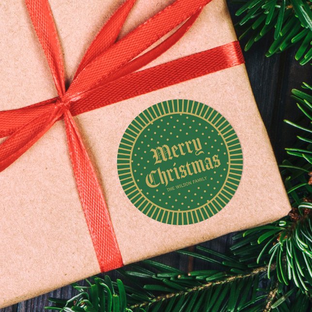 Green Classic Decorative Geometric Merry Christmas Round Sticker (Creator Uploaded)