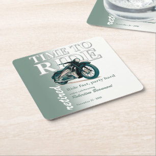 Green Classic Motorbike Time to Ride Retirement Square Paper Coaster