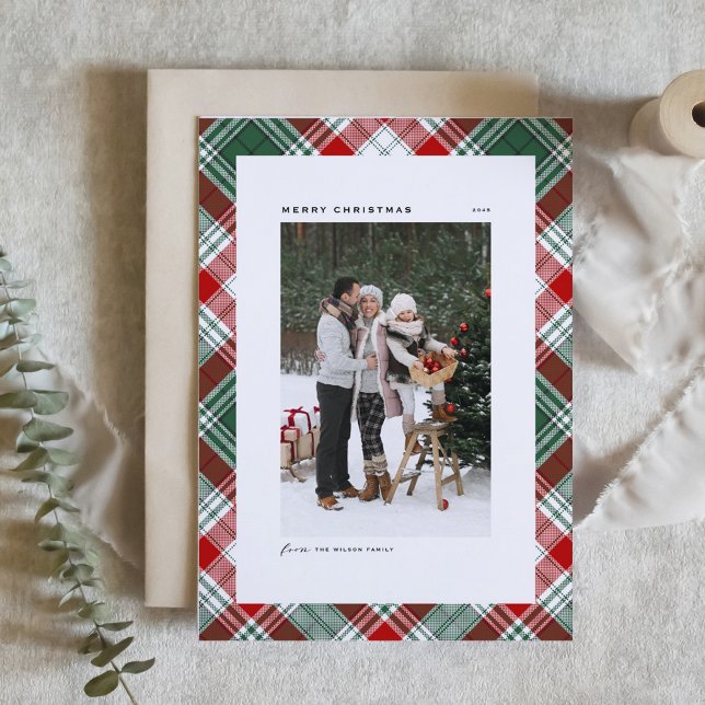 Green Classic Plaid Pattern Merry Christmas Photo Holiday Card (Green and Red Classic Plaid Pattern Merry Christmas Photo Card)