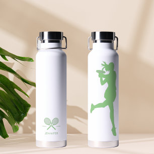 Green Classy Female Tennis Player Personalised Water Bottle
