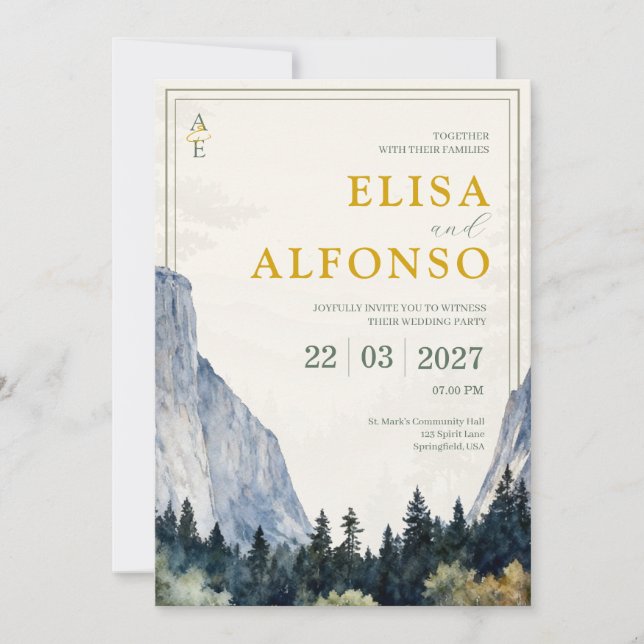Green Cliff Classic Watercolor Monogram Wedding Invitation (Front)