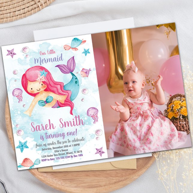 Green Cloud Mermaid Birthday Invitation with Photo (Green Cloud Mermaid Birthday Invitations w photo)
