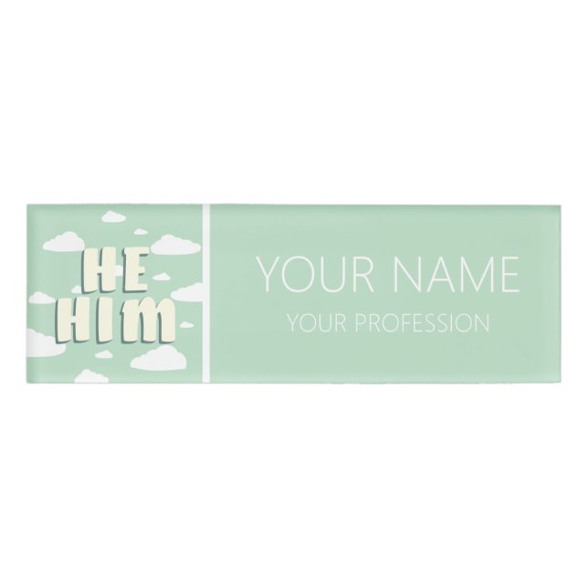 Green Clouds He Him Pronouns Name Tag (Front)